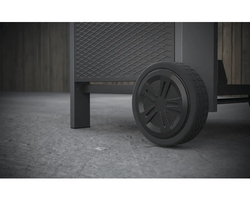 Detailansicht eines Grills mit einem Rad