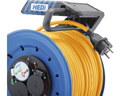 HEDI Kabeltrommel mit gelbem Kabel und blauem Gehäuse