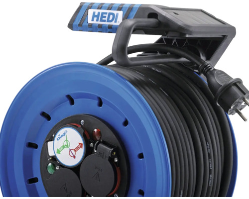 HEDI Kabeltrommel mit schwarzem Kabel und Stecker