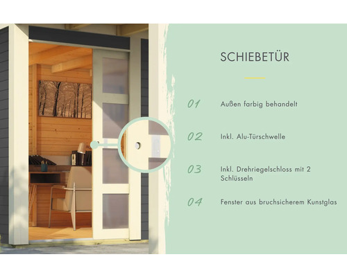 Schiebetür mit farbiger Behandlung, Aluminium Türschwelle, Drehriegelschloss und bruchsicherem Kunstglas Fenster.