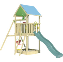 Spielturm mit Rutsche, Schaukel und Sandkasten