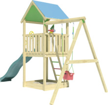 Spielturm mit Rutsche, Schaukel und Sandkasten aus Holz