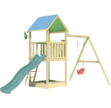 Spielturm aus Holz mit Rutsche, Schaukel und Sandkasten