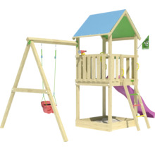 Holzspielturm mit Schaukel, Rutsche und Sandkasten