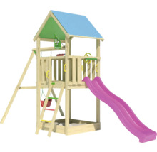 Spielturm aus Holz mit Rutsche und Schaukel