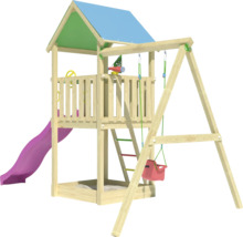 Spielturm aus Holz mit Rutsche und Schaukel