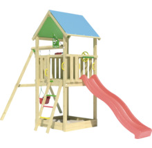 Spielturm aus Holz mit Rutsche, Schaukel und Sandkasten