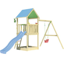 Spielturm aus Holz mit Rutsche und Schaukel