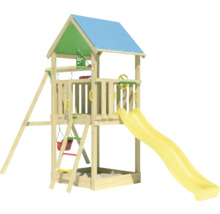Spielturm mit Rutsche, Schaukel und Sandkasten