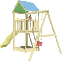 Spielturm aus Holz mit Rutsche, Schaukel und Sandkasten