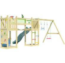 Spielturm aus Holz mit Rutsche, Kletterwand und Schaukel