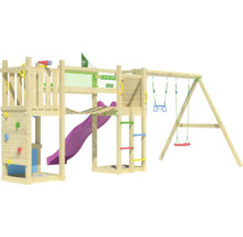 Spielturm aus Holz mit Rutsche, Kletterwand und Schaukel