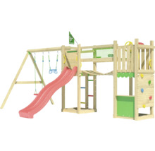 Spielplatz mit Schaukel, Rutsche und Kletterwand aus Holz