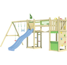 Holzspielplatz mit Schaukel, Rutsche, Kletterwand und Leiter