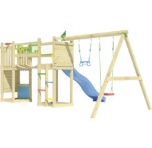Spielturm aus Holz mit Rutsche und Schaukel