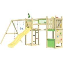 Spielturm aus Holz mit Schaukel, Rutsche und Kletterwand
