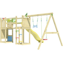 Spielplatz mit Schaukel, Rutsche, Kletterwand und Spielturm aus Holz