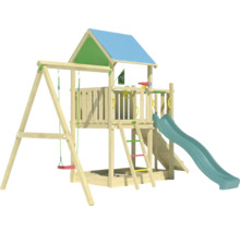 Spielturm aus Holz mit Schaukel, Rutsche und Sandkasten