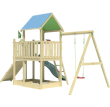 Spielturm aus Holz mit Rutsche, Schaukel und Sandkasten