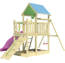 Spielturm mit Rutsche, Schaukel und Kletterwand aus Holz