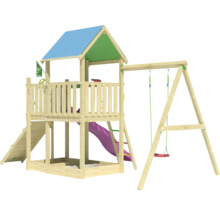 Spielturm mit Rutsche und Schaukel aus Holz