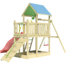 Spielturm mit Rutsche, Schaukel und Kletterwand aus Holz