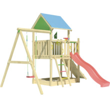 Spielplatz mit Schaukel, Rutsche und Spielturm aus Holz