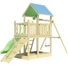 Spielplatz mit Rutsche, Schaukel und Klettergerüst aus Holz