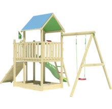 Spielturm aus Holz mit Schaukel, Rutsche und Sandkasten