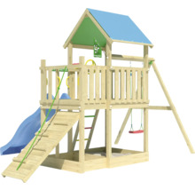 Spielturm aus Holz mit Rutsche, Schaukel und Klettergerüst
