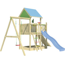 Spielplatz mit Schaukel, Rutsche und Spielhaus aus Holz