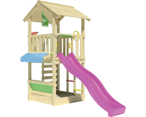 Spielturm aus Holz mit Rutsche und Sandkasten