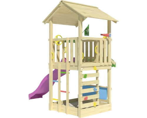 Spielturm aus Holz mit Rutsche, Kletterwand und Dach