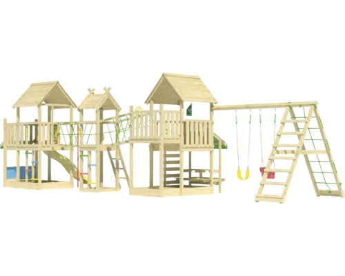 Großer Spielturm aus Holz mit Schaukel, Rutsche und Klettergerüst für den Außenbereich