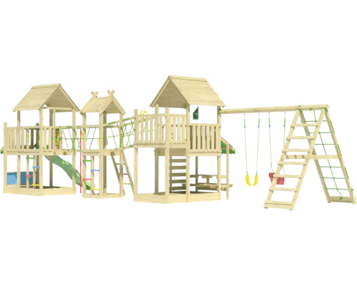 Spielanlage aus Holz mit Rutsche, Schaukeln und Kletterwand