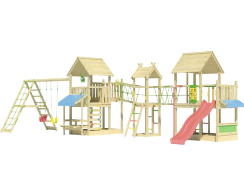 Holzspielplatz mit Schaukeln, Rutsche und Klettergerüst für den Garten