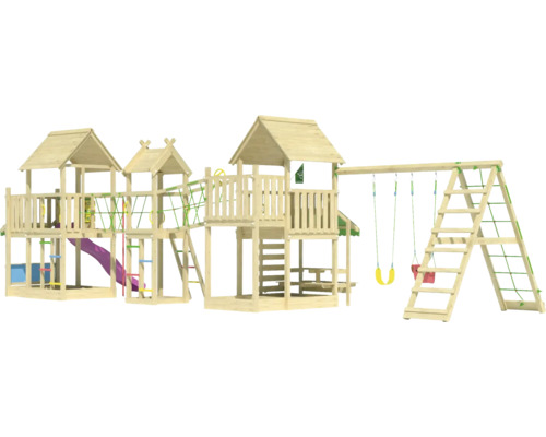 Spielplatzanlage aus Holz mit Rutsche, Schaukel und Klettergerüst für den Garten