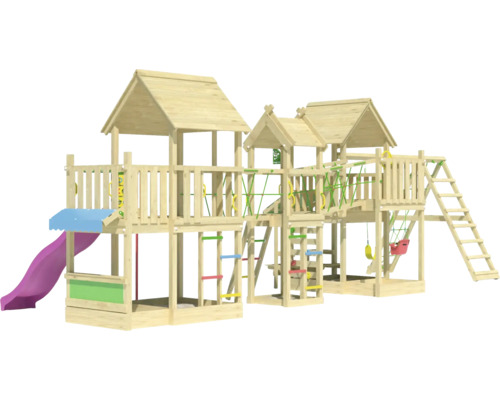 Spielturm mit Rutsche, Schaukeln und Kletterwand aus Holz