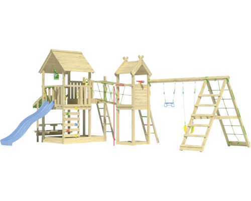 Spielplatz aus Holz mit Rutsche, Schaukel und Kletterleiter für Kinder