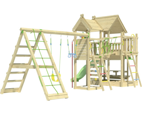Spielplatzanlage aus Holz mit Schaukel, Rutsche und Klettergerüst