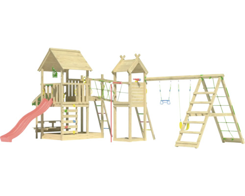 Holzspielplatz mit Rutsche, Schaukel und Kletterwand