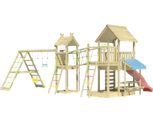 Spielanlage aus Holz mit Rutsche, Schaukel und Klettergerüst