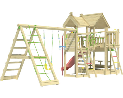 Spielturm aus Holz mit Rutsche, Schaukel und Kletterwand
