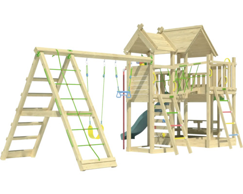 Holzspielturm mit Rutsche, Schaukel und Kletterwand für den Garten