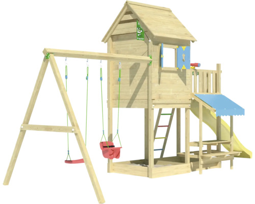 Spielplatz mit Schaukel, Rutsche und Spielhaus aus Holz