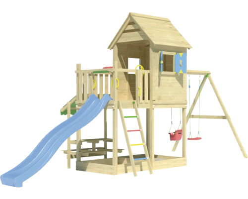 Spielturm aus Holz mit Rutsche und Schaukel