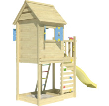 Spielhaus mit Rutsche, Kletterwand und Sandkasten aus Holz