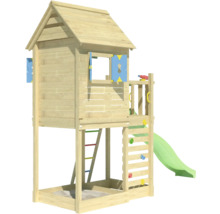 Spielhaus aus Holz mit Rutsche, Kletterwand und Sandkasten
