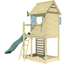 Spielturm aus Holz mit Rutsche und Sandkasten