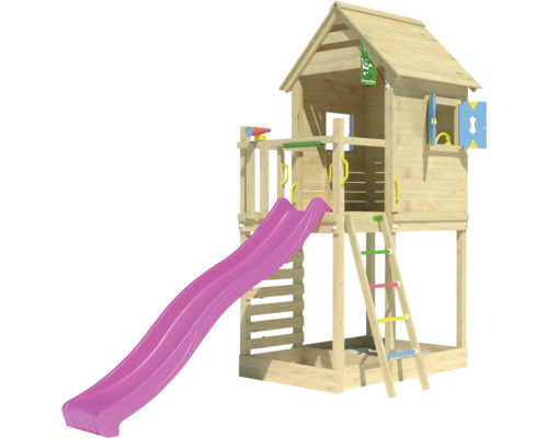 Spielturm aus Holz mit Rutsche